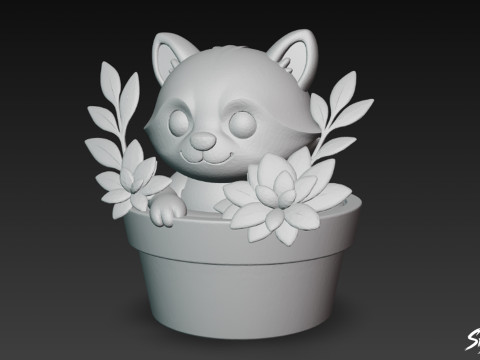 Raccoon in Flower Pot 3D Model