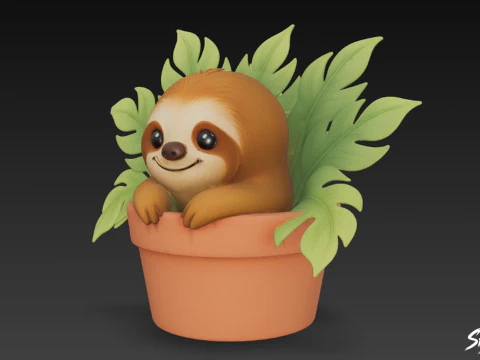 Sloth in Flower Pot 3D Model