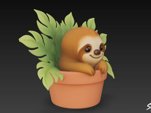 Sloth in Flower Pot 3D Model