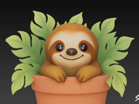 Sloth in Flower Pot 3D Model