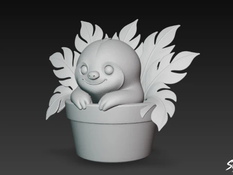 Sloth in Flower Pot 3D Model
