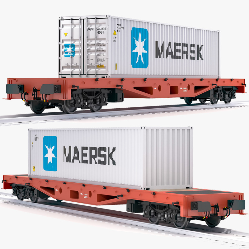 Contêiner Maersk para vagão plano Modelo 3D .c4d .max .obj .3ds .fbx .stl .blend