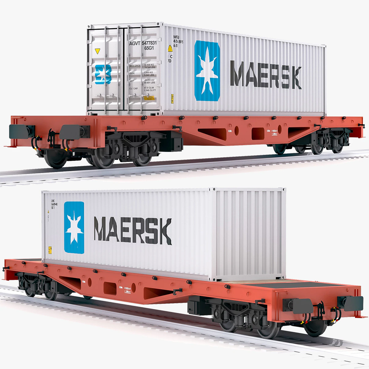 Flat Rail Car Maersk Shipping Container 3D Model .c4d .max .obj .3ds .fbx .stl .blend 