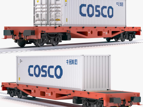 Плоский залізничний вагон Cosco. Транспортний контейнер 3D Модель