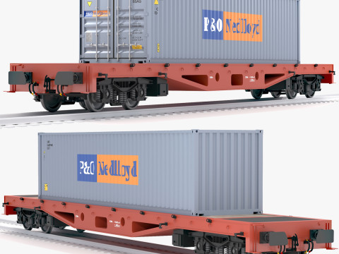 Vagão plano P e O contêiner de transporte Modelo 3D