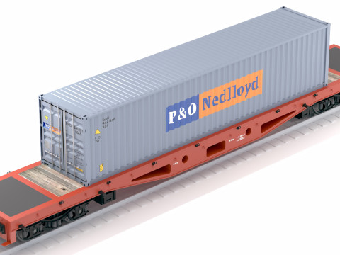 Vagão plano P e O contêiner de transporte Modelo 3D