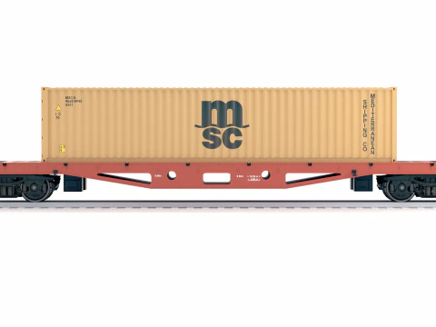 Vagone ferroviario piatto della compagnia di navigazione mediterranea MSC Container Modello 3D