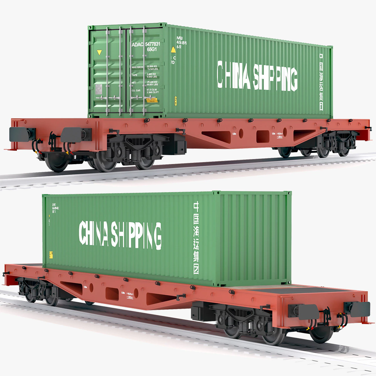 Flat Rail Car China Shipping Container 3D Model .c4d .max .obj .3ds .fbx .stl .blend