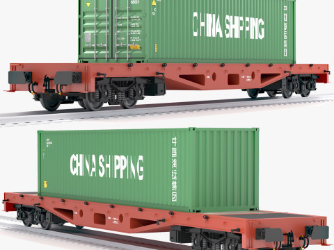Плоский залізничний вагон Китайський транспортний контейнер 3D Модель