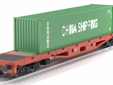 Flat Rail Car China Shipping Container 3D Model