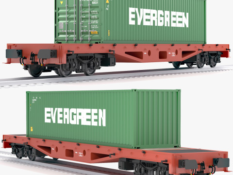 Flatrailwagen Evergreen zeecontainer 3D Model