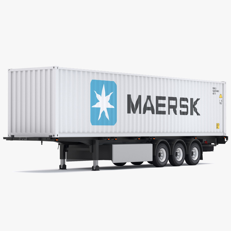 Напівпричіп шасі з транспортним контейнером Maersk 3D Модель .c4d .max .obj .3ds .fbx .stl .blend