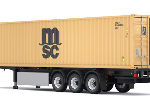 MSC輸送コンテナを備えたシャーシセミトレーラー 3Dモデル