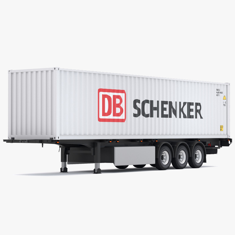 Chassisoplegger met DB Schenker-zeecontainer 3D Model .c4d .max .obj .3ds .fbx .stl .blend