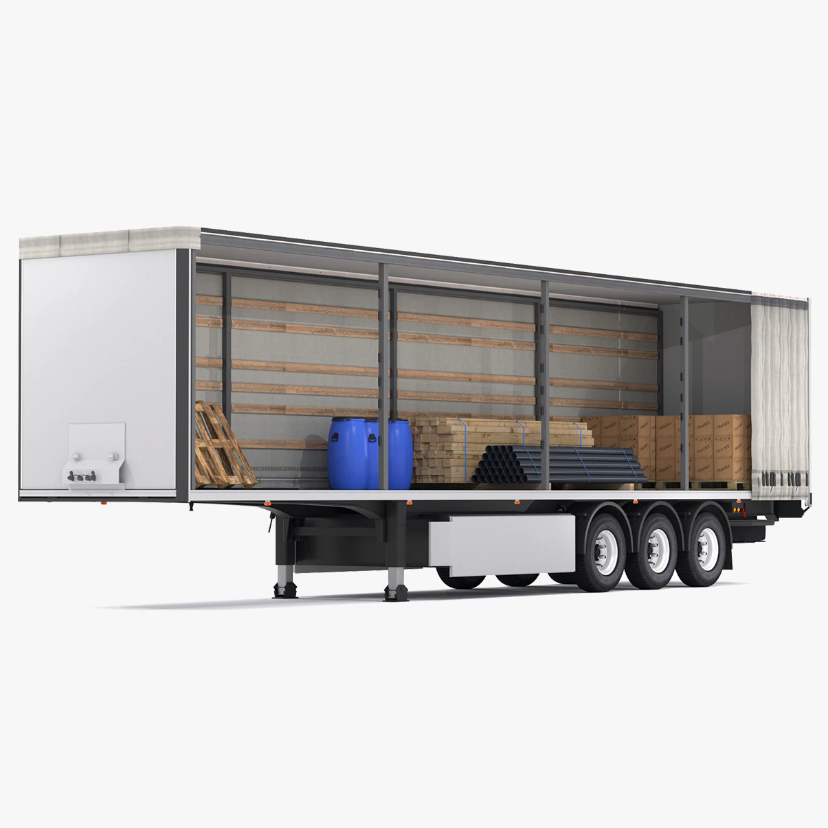 Semi Trailer Open Curtain 3D Model .c4d .max .obj .3ds .fbx .stl .blend