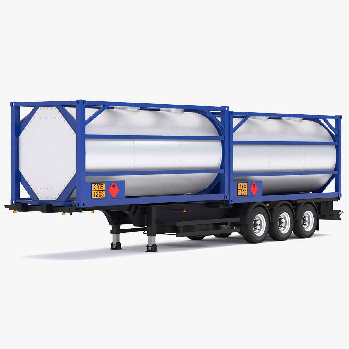 Chassis Semi Trailer with Tank Container 3D Model .c4d .max .obj .3ds .fbx .stl .blend