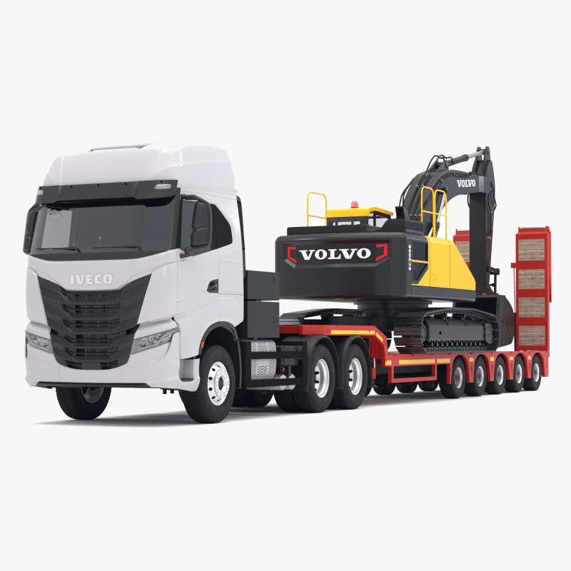Tracteur Iveco S-WAY et remorque Lowboy avec pelle Volvo EC300E Modèle 3D .c4d .max .obj .3ds .fbx .stl .blend