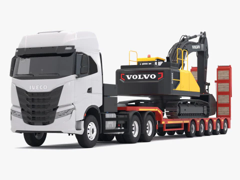 Iveco S-WAY Tractor and Lowboy Trailer with Excavator Volvo EC300E 3D Model