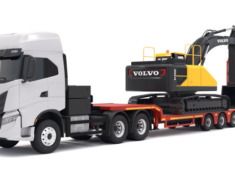 Tracteur Iveco S-WAY et remorque Lowboy avec pelle Volvo EC300E Modèle 3D