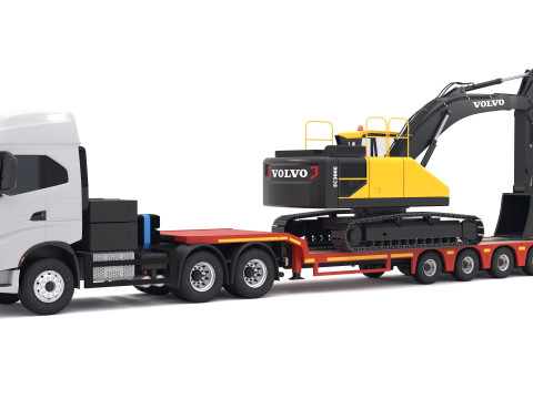 Tracteur Iveco S-WAY et remorque Lowboy avec pelle Volvo EC300E Modèle 3D