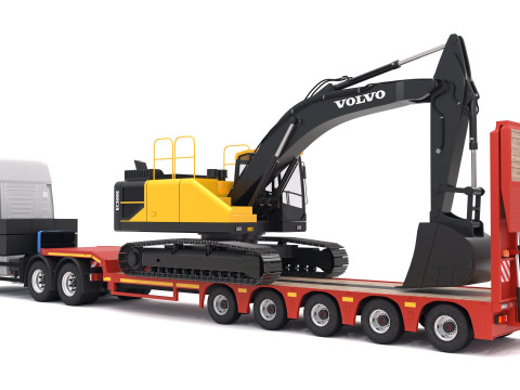 Tracteur Iveco S-WAY et remorque Lowboy avec pelle Volvo EC300E Modèle 3D