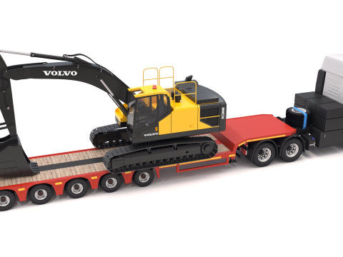 Tracteur Iveco S-WAY et remorque Lowboy avec pelle Volvo EC300E Modèle 3D