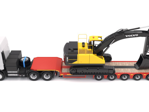 Tracteur Iveco S-WAY et remorque Lowboy avec pelle Volvo EC300E Modèle 3D