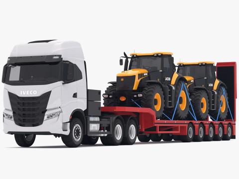 Reboque Lowboy do trator Iveco S-WAY com JCB Fastrac 8310 Modelo 3D