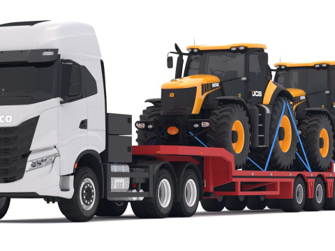 जेसीबी फास्ट्रैक 8310 के साथ इवेको एस-वे ट्रैक्टर लोबॉय ट्रेलर 3D मॉडल