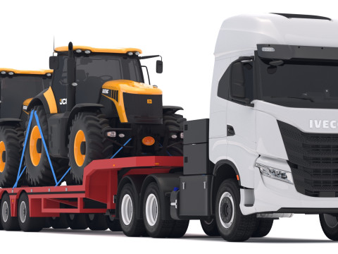 जेसीबी फास्ट्रैक 8310 के साथ इवेको एस-वे ट्रैक्टर लोबॉय ट्रेलर 3D मॉडल