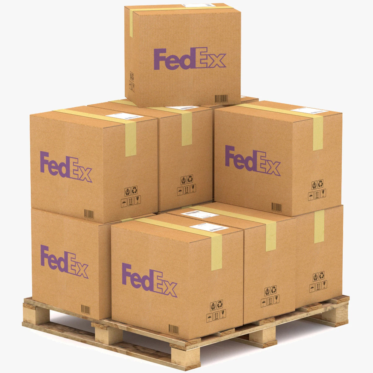 Fedex Cardboard Box with Pallet 3D Model .c4d .max .obj .3ds .fbx .stl .blend