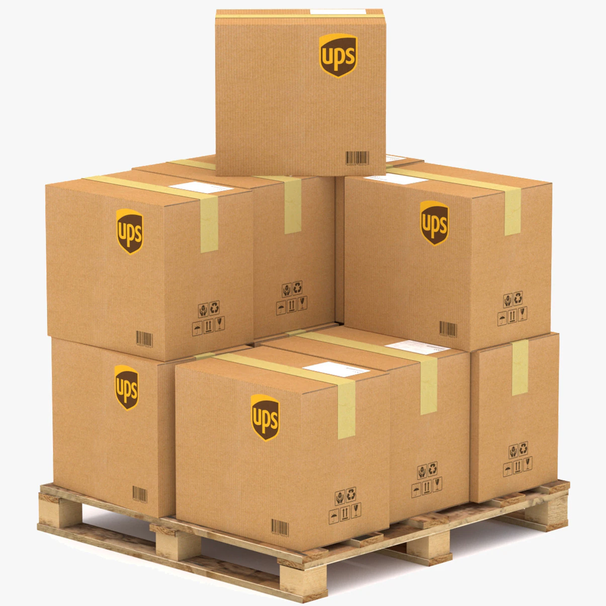 UPS Cardboard Box with Pallet 3D Model .c4d .max .obj .3ds .fbx .stl .blend