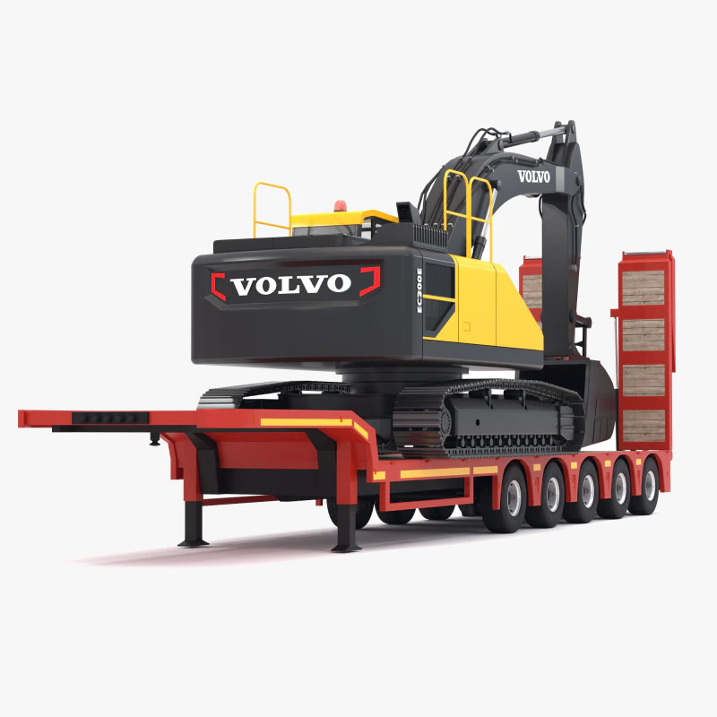 Lowboy Trailer with Excavator Volvo EC300E 3D Model .c4d .max .obj .3ds .fbx .stl .blend 