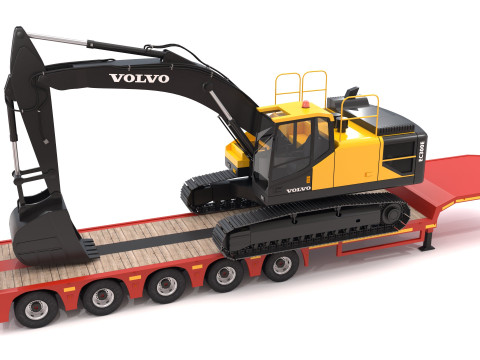 Remolque Lowboy con excavadora Volvo EC300E Modelo 3D