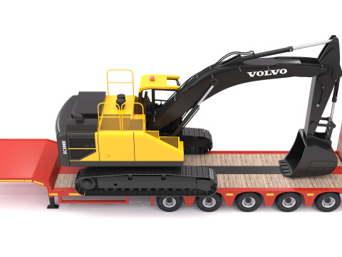 Remolque Lowboy con excavadora Volvo EC300E Modelo 3D