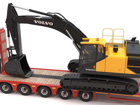 Lowboy Trailer with Excavator Volvo EC300E 3D Model