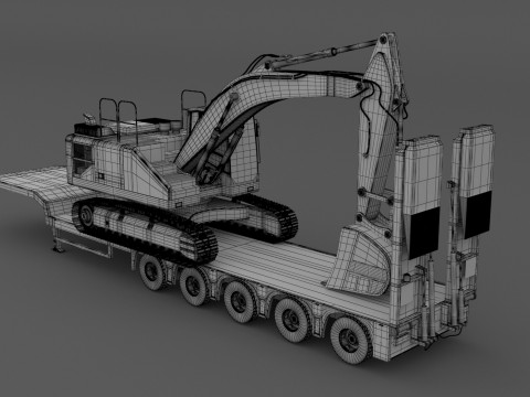 Remolque Lowboy con excavadora Volvo EC300E Modelo 3D