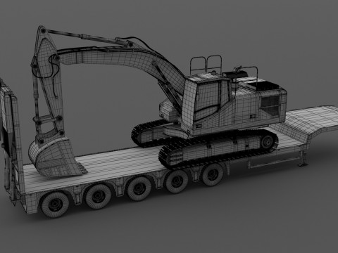 Remolque Lowboy con excavadora Volvo EC300E Modelo 3D