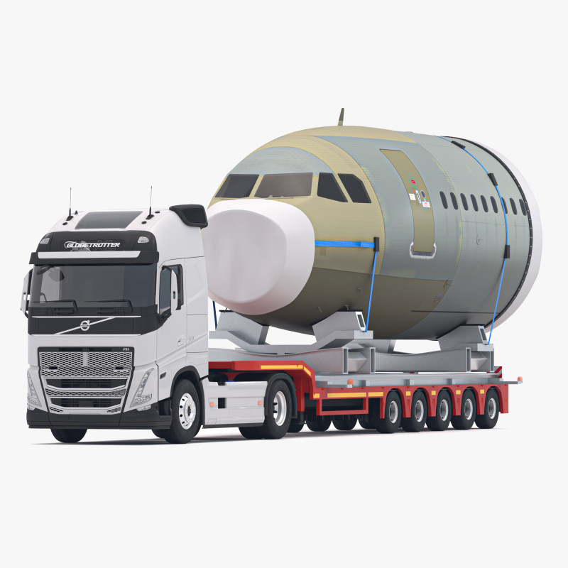 Volvo fh16 2021 en Lowboy Trailer met Vliegtuig 3D Model .c4d .max .obj .3ds .fbx .stl .blend 