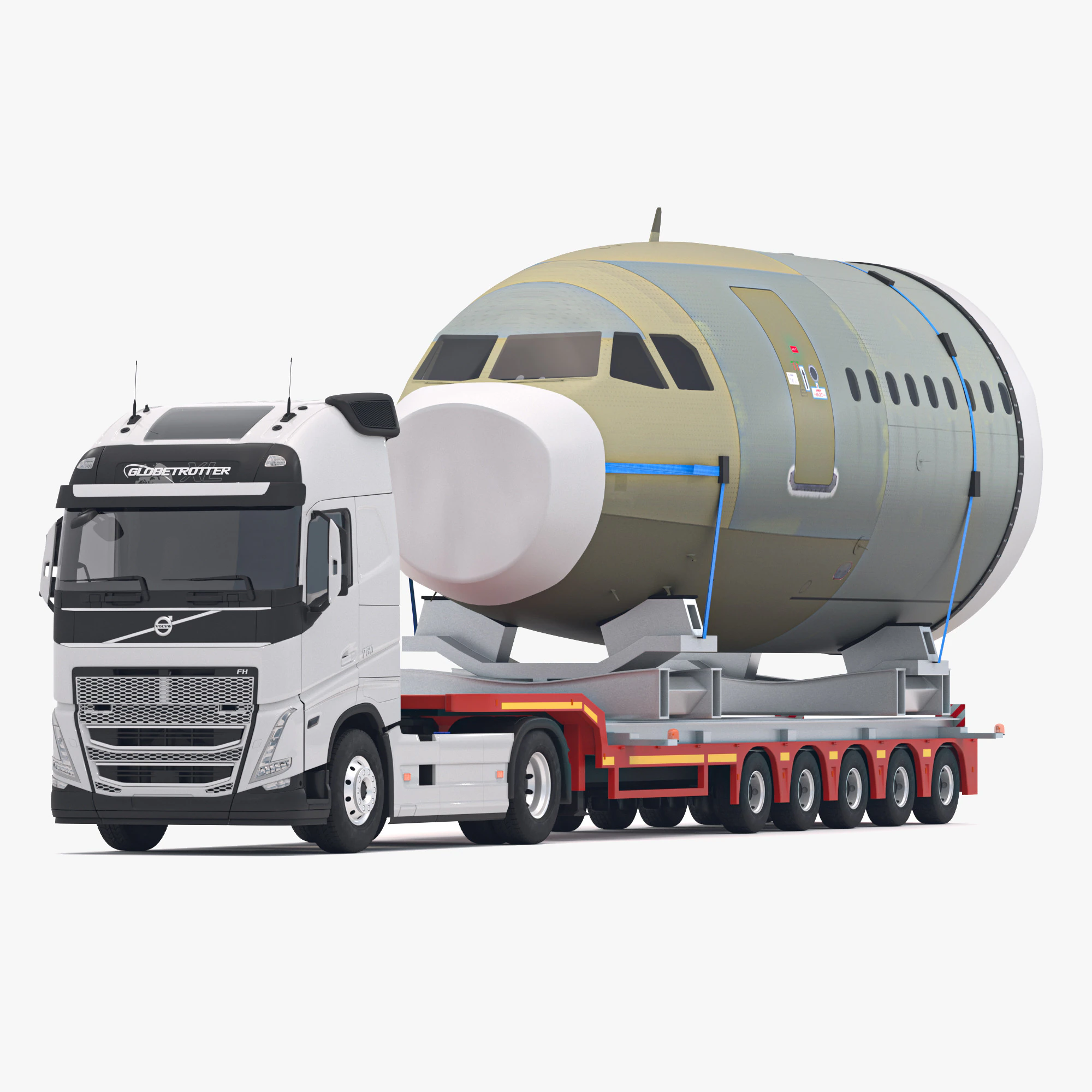 Volvo fh16 2021 and Lowboy Trailer with Airplane 3D Model .c4d .max .obj .3ds .fbx .stl .blend 