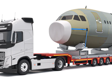 Volvo fh16 2021 and Lowboy Trailer with Airplane 3D Model
