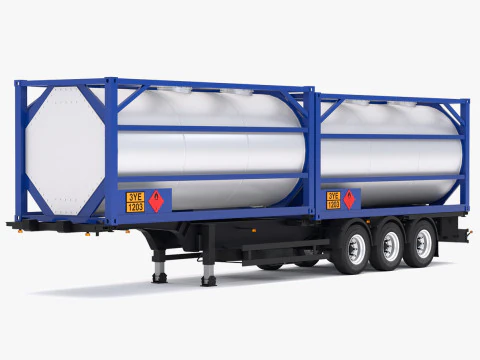 タンクコンテナ付きシャーシセミトレーラー 3Dモデル