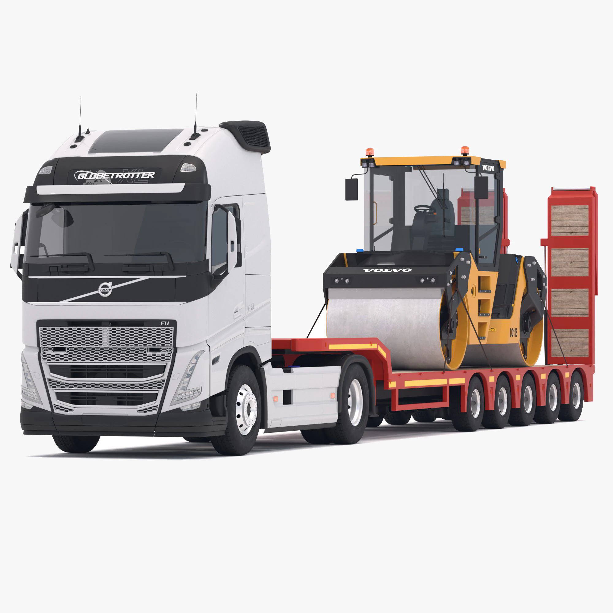Volvo fh16 2021 and Lowboy Trailer with Volvo DD105 Road Roller Compactor 3D Model .c4d .max .obj .3ds .fbx .stl .blend 
