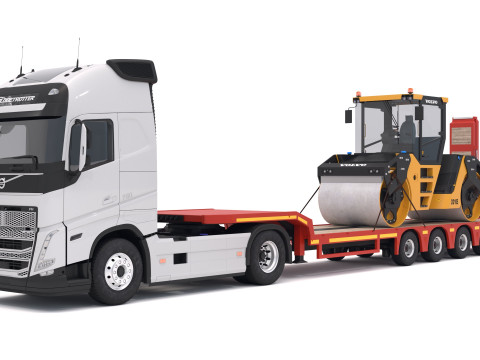 Volvo fh16 2021 and Lowboy Trailer with Volvo DD105 Road Roller Compactor 3D Model