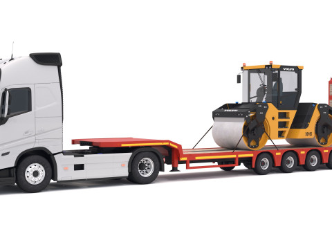 Volvo fh16 2021 and Lowboy Trailer with Volvo DD105 Road Roller Compactor 3D Model
