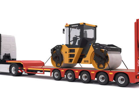 Volvo fh16 2021 and Lowboy Trailer with Volvo DD105 Road Roller Compactor 3D Model