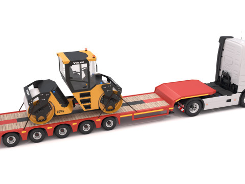 Volvo fh16 2021 and Lowboy Trailer with Volvo DD105 Road Roller Compactor 3D Model