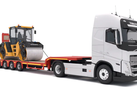 Volvo fh16 2021 and Lowboy Trailer with Volvo DD105 Road Roller Compactor 3D Model