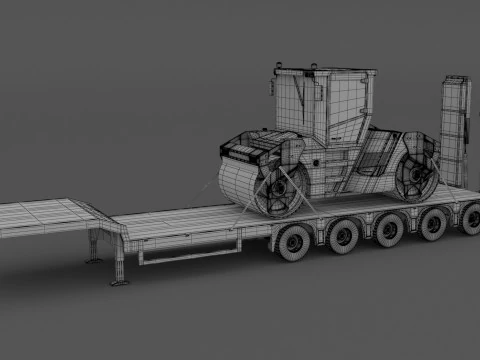 Volvo fh16 2021 and Lowboy Trailer with Volvo DD105 Road Roller Compactor 3D Model