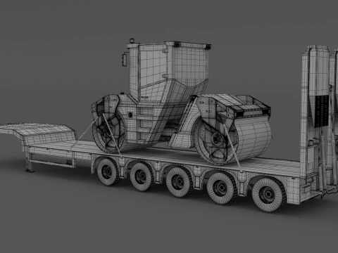 Volvo fh16 2021 and Lowboy Trailer with Volvo DD105 Road Roller Compactor 3D Model